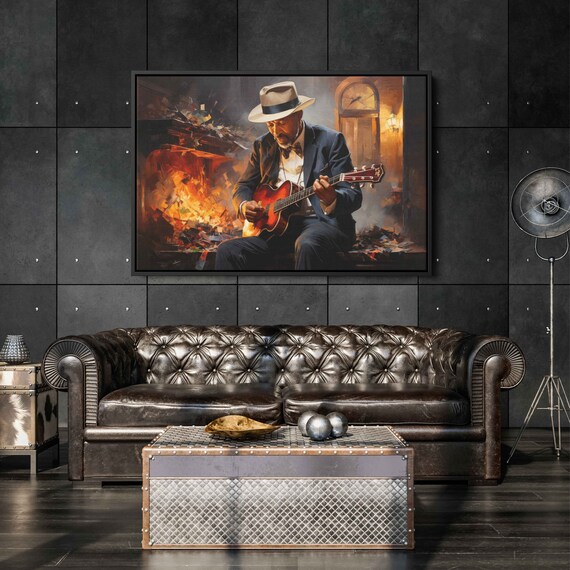 Blues Guitarist Fedora Jazz Musician Fireside Painting Music Art Print