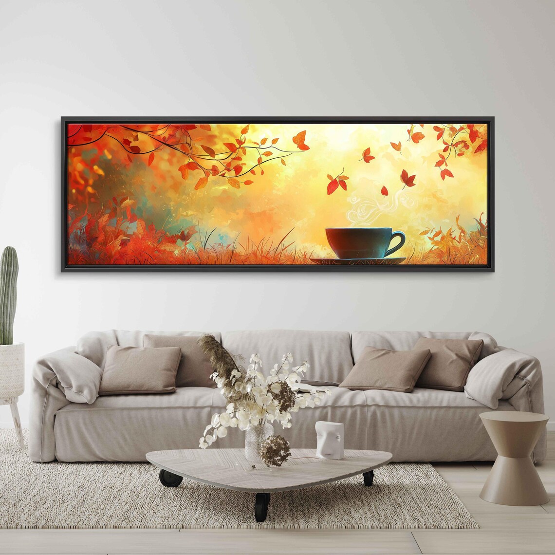 Steaming Teal Cup Among Golden Autumn Leaves Dreamy Fall Foliage Painting Poster