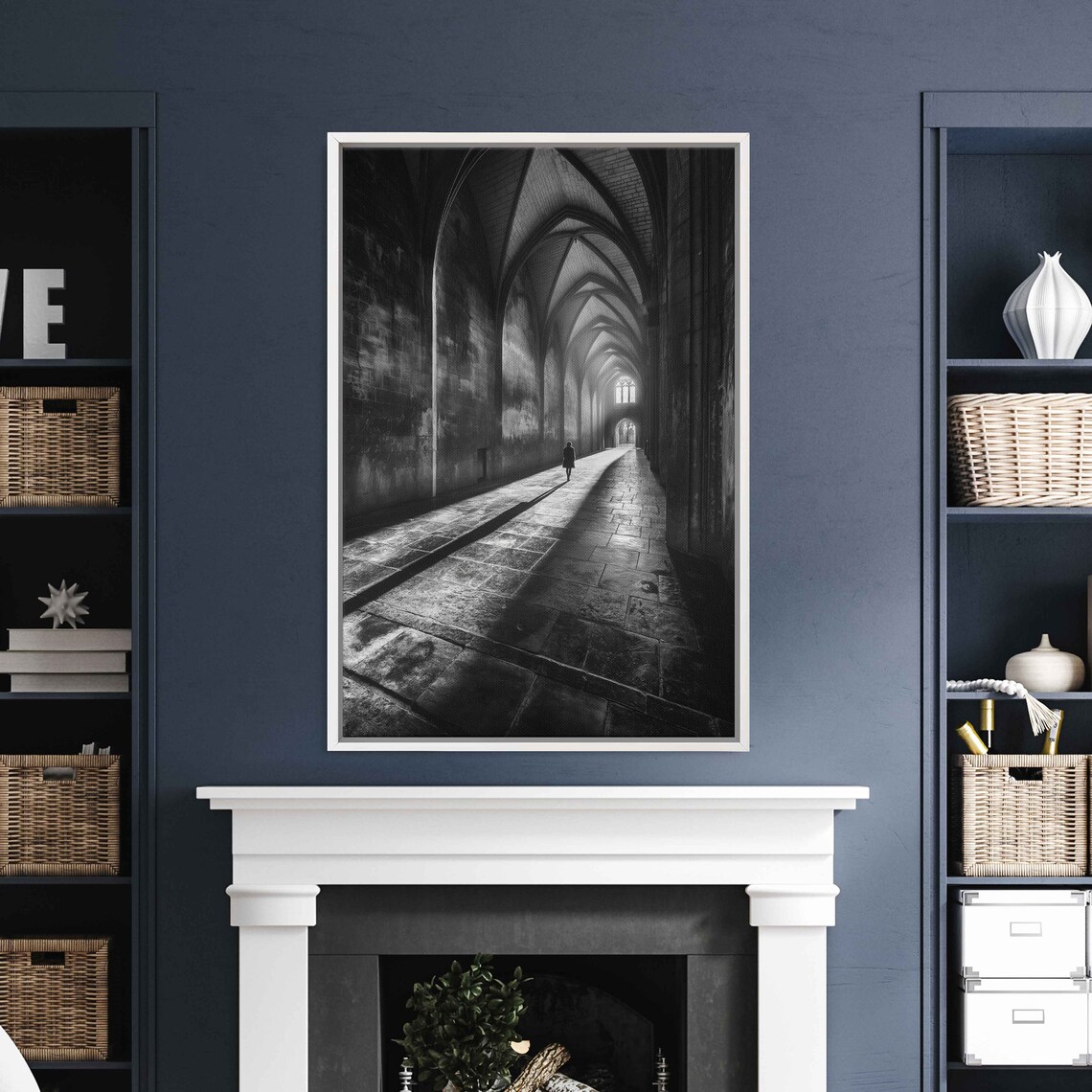 Woman Walking Lonely Gothic Stone Corridor Monochrome Dramatic Art Print - Image 3