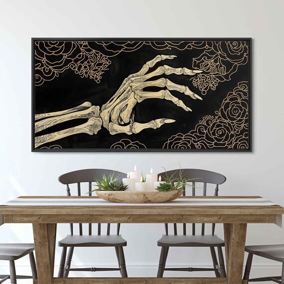 Golden Skeleton Hand Reaching On Black With Floral Outlines Gothic Art Print