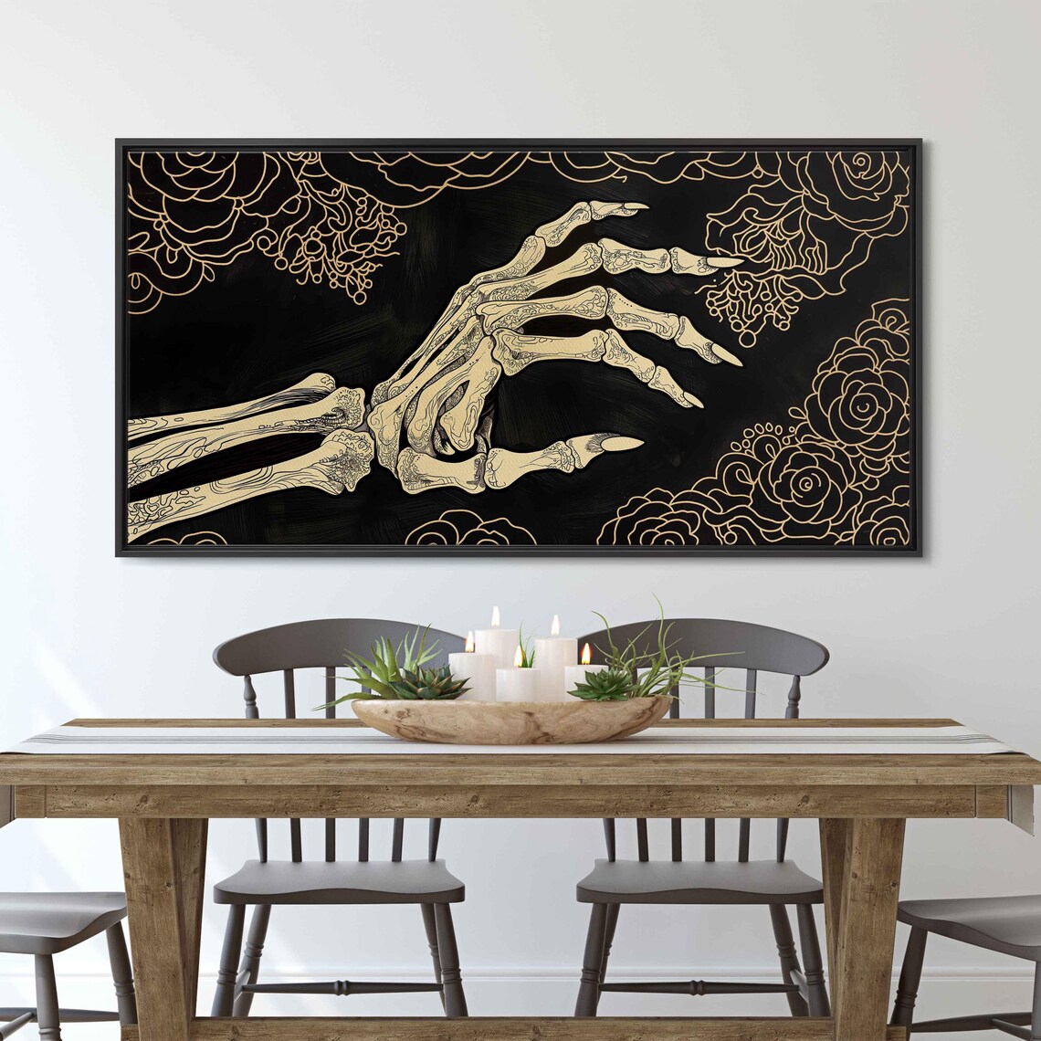 Golden Skeleton Hand Reaching On Black With Floral Outlines Gothic Art Print