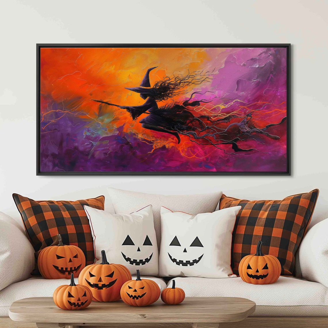 Witch Flying On Broomstick Vibrant Night Sky Halloween Wall Art - Image 3