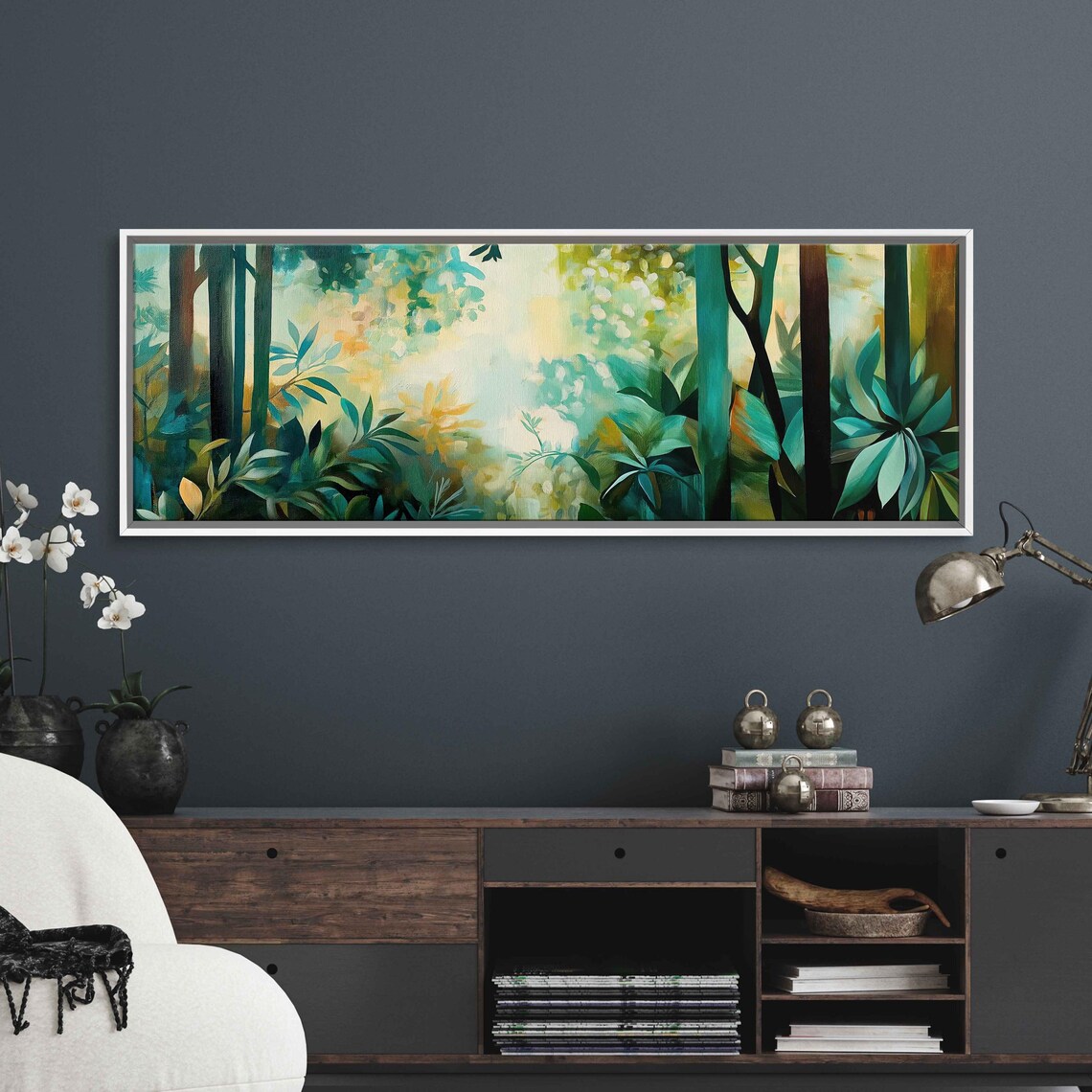 Lush Abstract Forest Scene Wall Art Print Vibrant Greens And Browns Whimsical Atmosphere