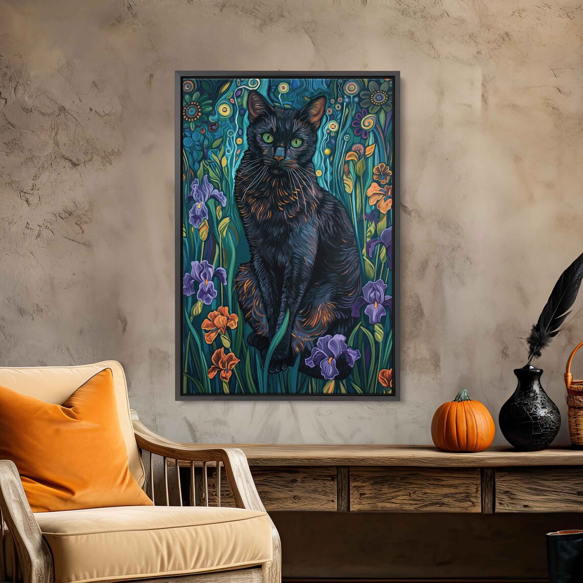 Regal Black Cat Iris Blooms Teal Garden Detailed Feline Portrait Poster - Image 2