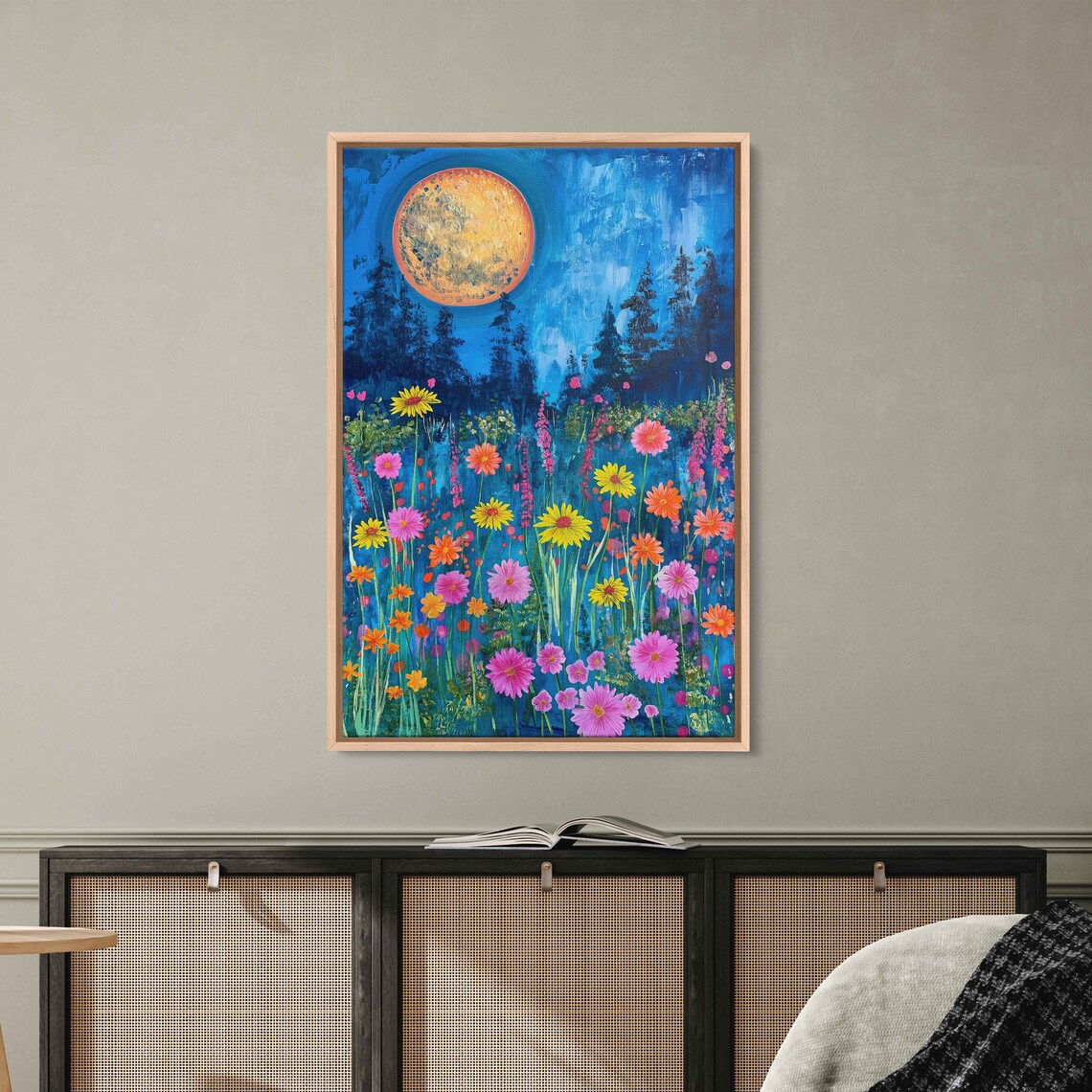 Wildflower Meadow Orange Full Moon Night Daisies Starry Sky Painting Poster - Image 3