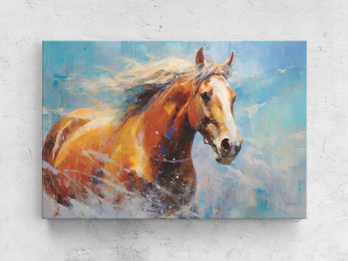 Chestnut Horse Closeup Blue Abstract Splash Equine Art Print