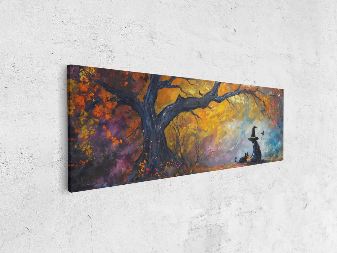 Whimsical Witch Gnarled Tree Black Cat Autumn Night Panoramic Poster - Image 4