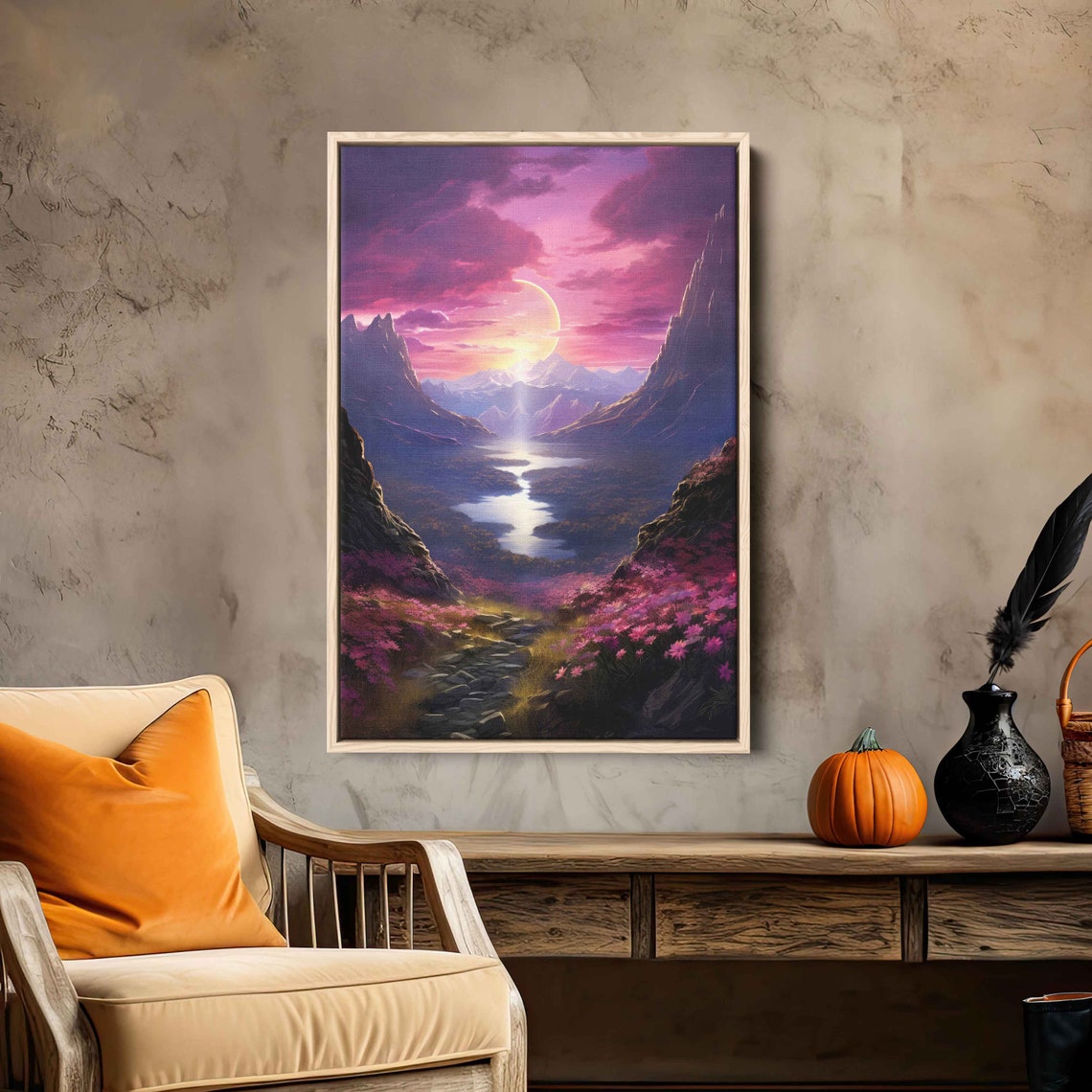 Pink Sunset Moonlit Mountain Valley River Flowers Fantasy Wall Poster - Image 3