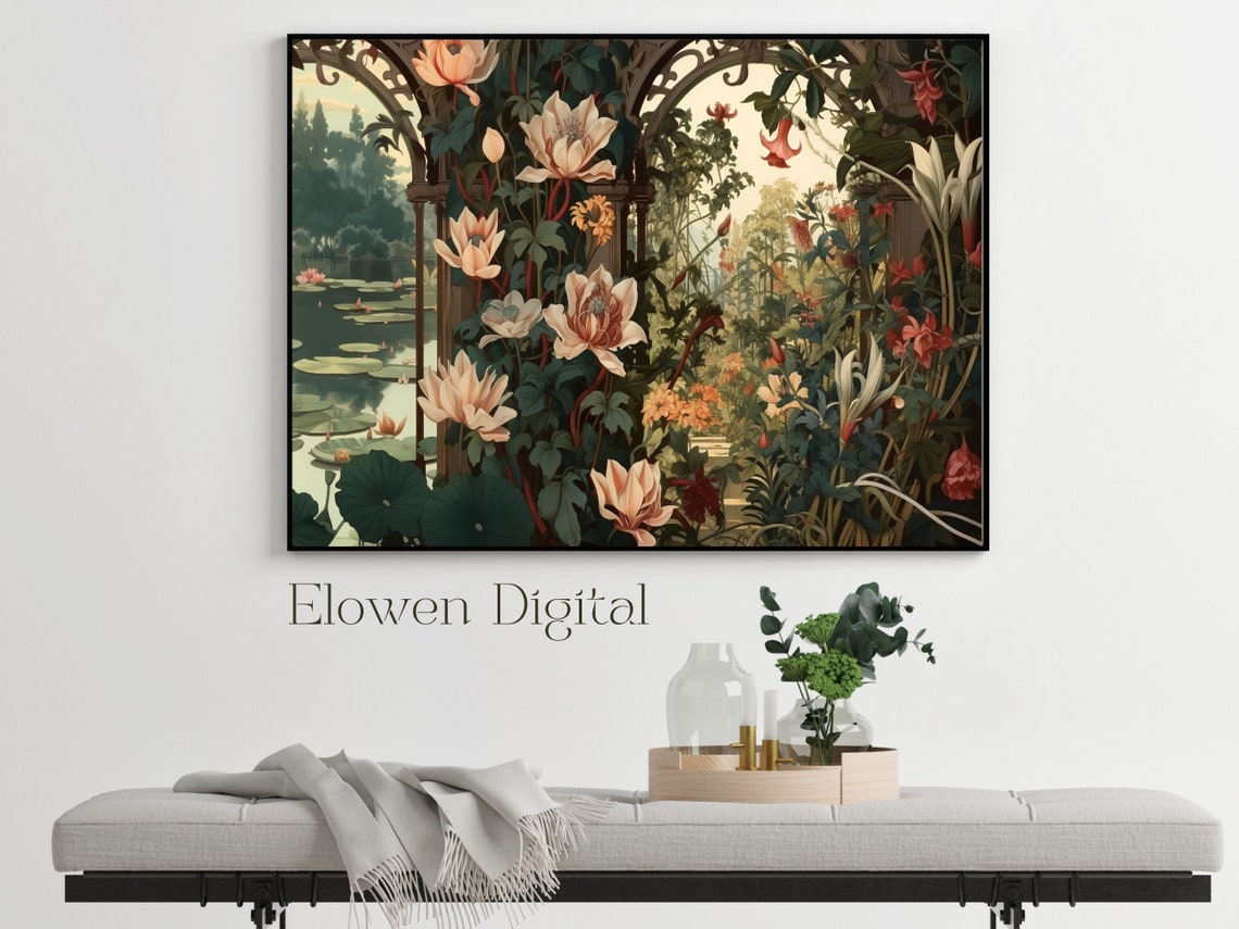 Water Lily Pond Behind Art Nouveau Flowering Arches Wall Art