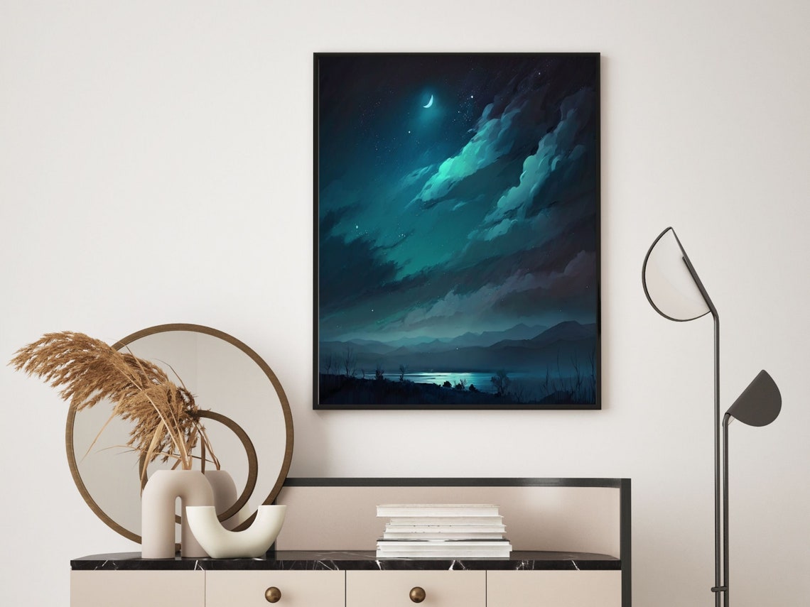 Starry Night Crescent Moon Over Mountain Lake Scenery Art Poster - Image 4