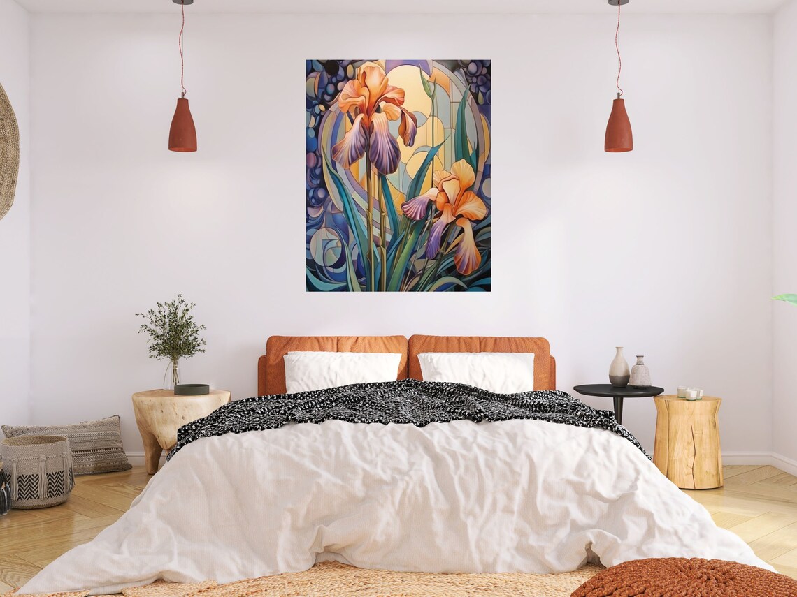 Art Nouveau Orange and Purple Iris Flower Stained Glass Art Poster - Image 5