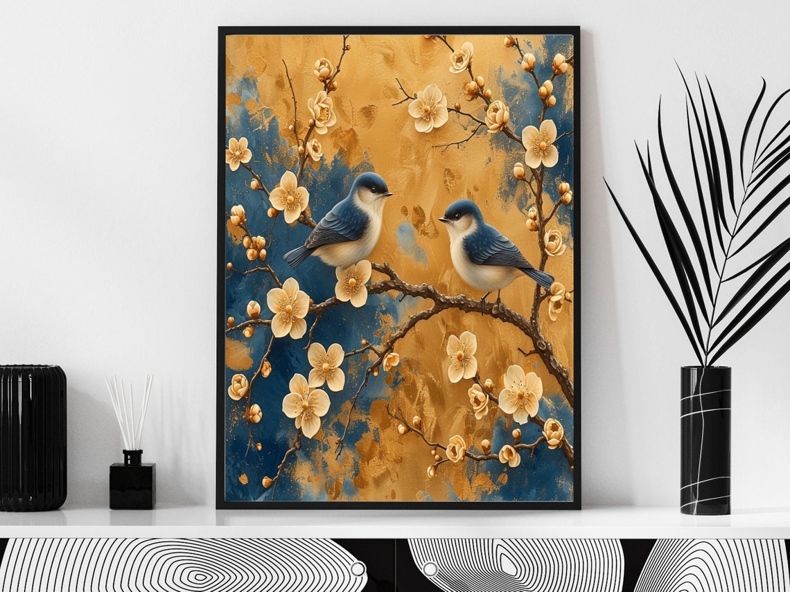 Refined Chinoiserie Blue Birds Blossom Branch Gold Blue Wall Art - Image 3