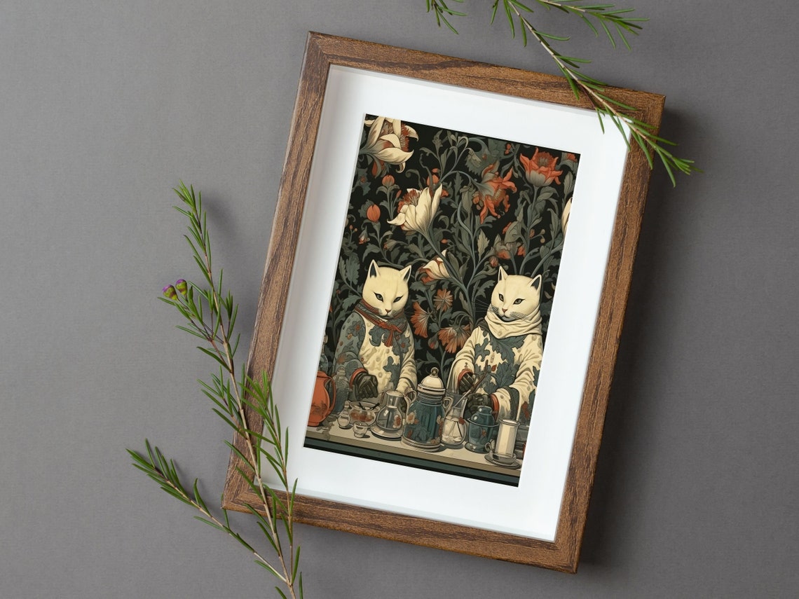 Whimsical White Cats in Kimonos Brewing Tea in the Kitchen Poster - Image 6