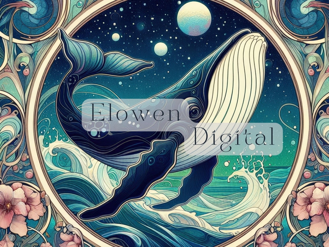 Art Nouveau Humpback Whale Moonlit Ocean Night Blue Sea Wall Art - Image 5