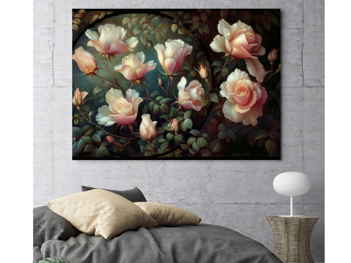 Vintage Cream and Blush Roses Botanical Study on Dark Poster - Image 4