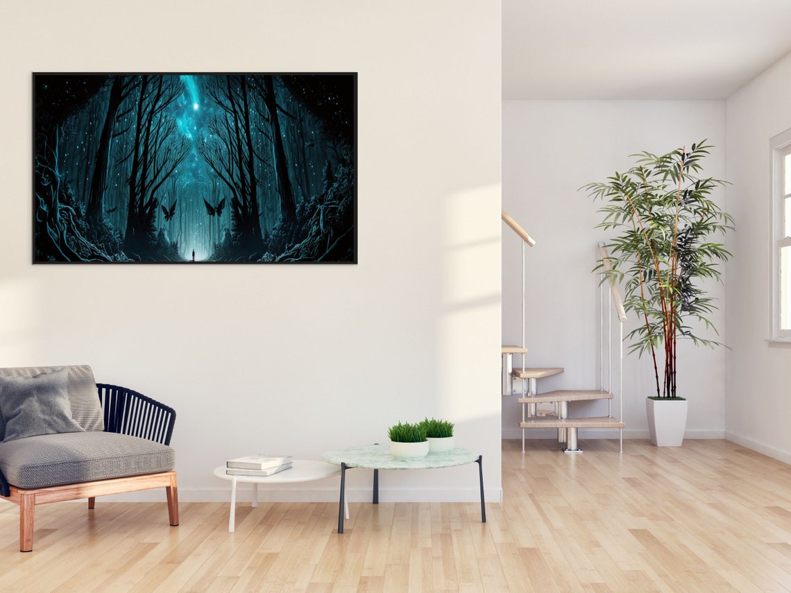 Teal Fantasy Night Forest With Butterflies And Lone Walker Poster - Image 3