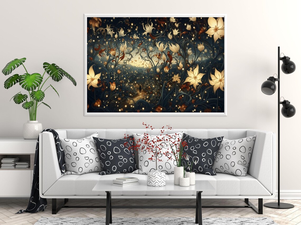 White Night Garden Flowers on Midnight Blue Art Nouveau Poster - Image 2