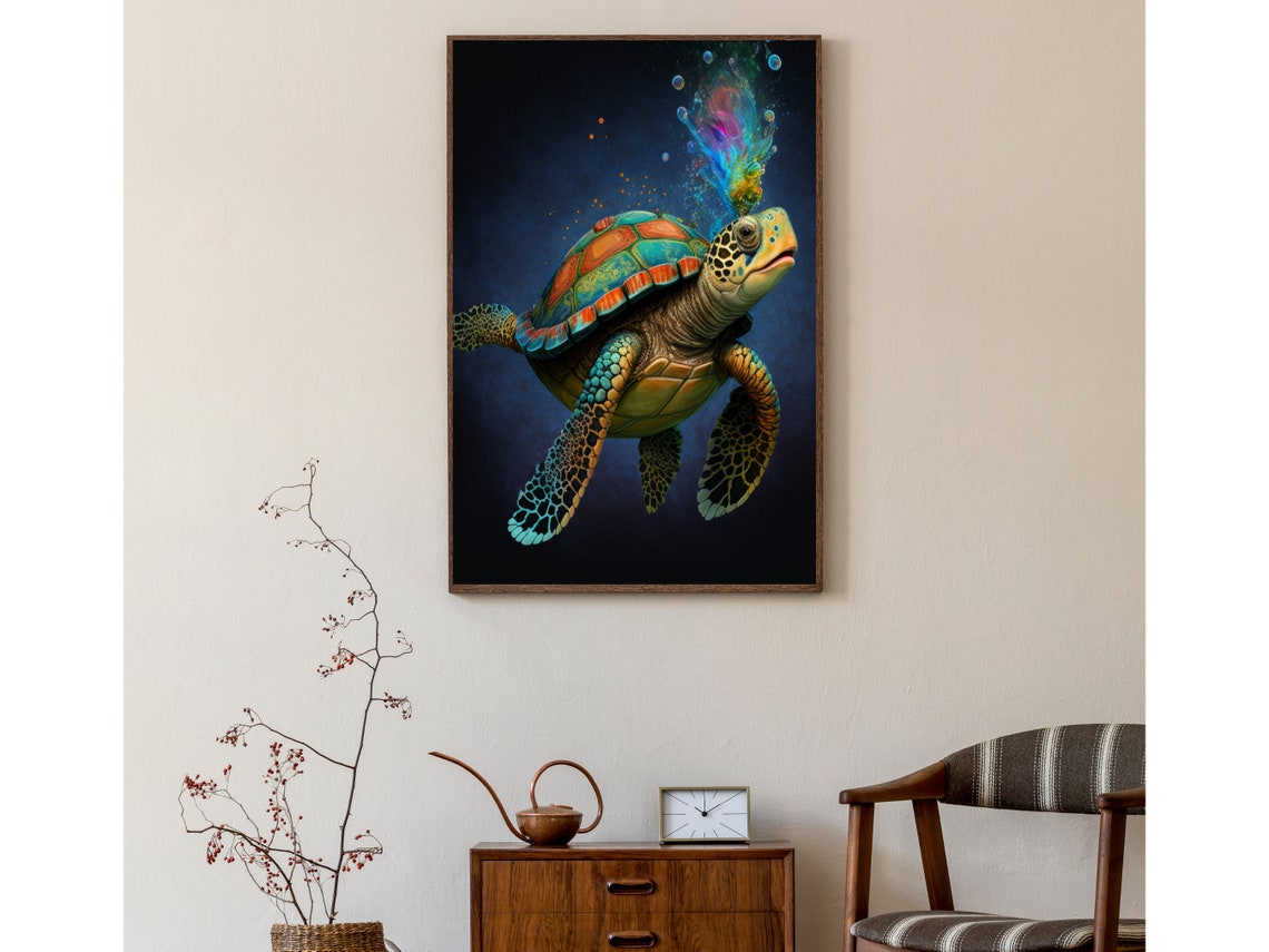 Colorful Sea Turtle with Rainbow Bubble Burst on Dark Poster - Image 3