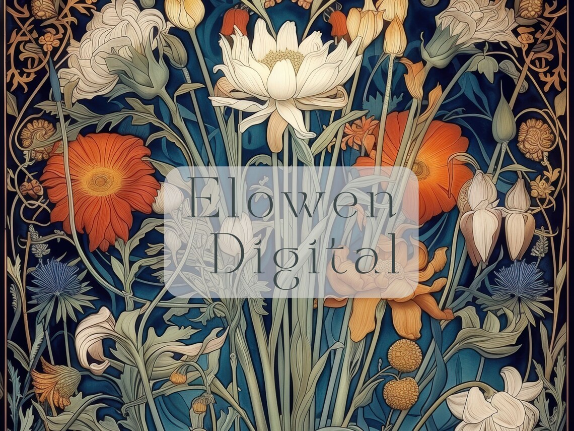 White Lotus and Orange Poppies Botanical Art Nouveau Wall Poster - Image 6