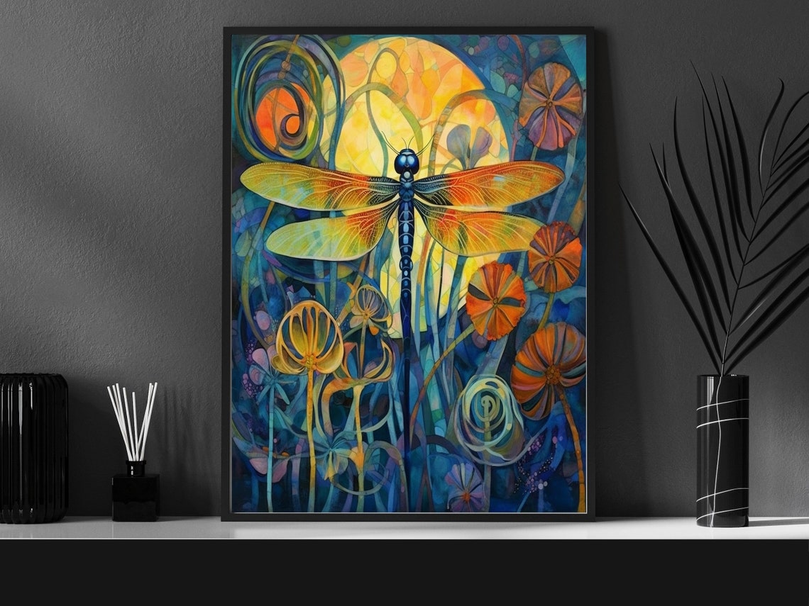 Art Nouveau Dragonfly Stained Glass Style Flower Garden Wall Art - Image 6