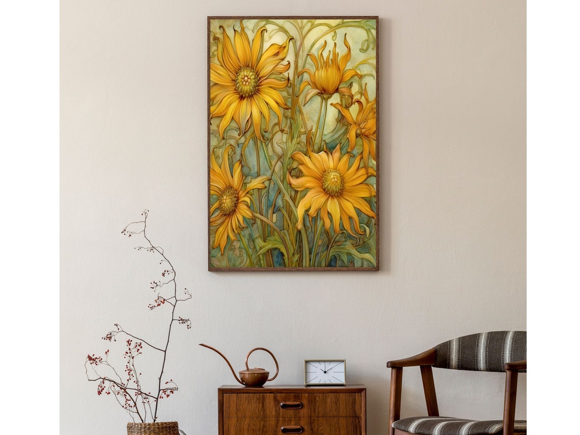 Art Nouveau Golden Yellow Daisy Flowers Vintage Floral Art Poster - Image 3