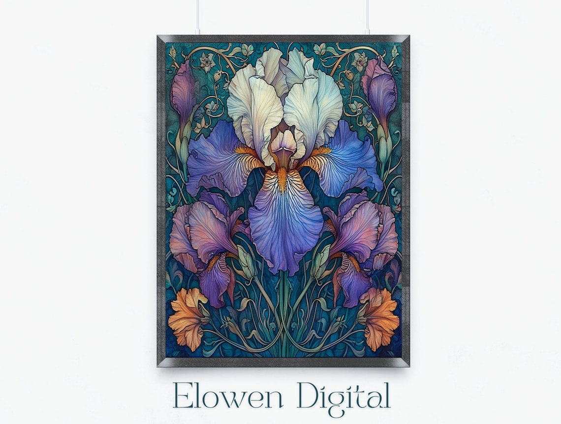 Art Nouveau Purple Iris With Teal Symmetric Floral Pattern Poster