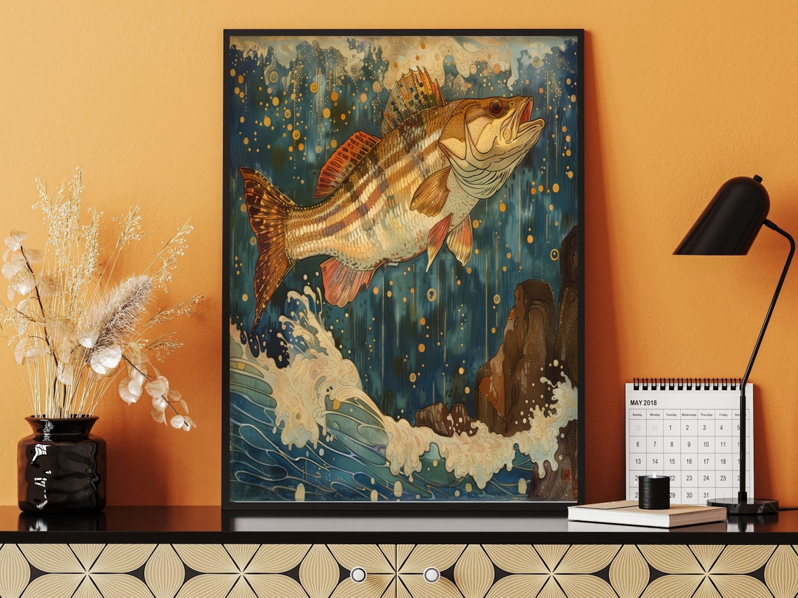Art Nouveau Fish Wall Art Retro Salmon Decor Poster Trout Jumping Out Of The Water Wall Hanging Striped Bass Original Art
