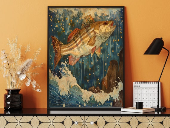 Art Nouveau Fish Wall Art Retro Salmon Decor Poster Trout Jumping Out Of The Water Wall Hanging Striped Bass Original Art