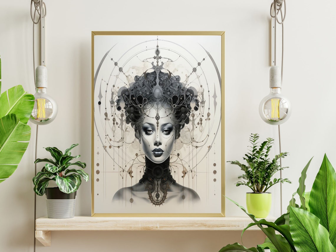Art Deco Monochrome Woman With Ornate Celestial Headpiece Poster - Image 4