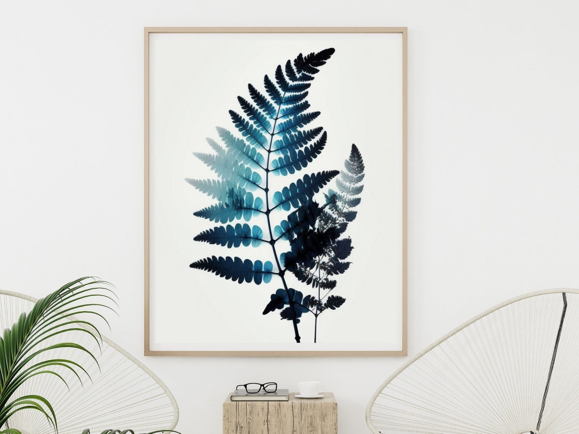 Calm Minimalist Blue Fern Xray Botanical Silhouette Art Poster - Image 3