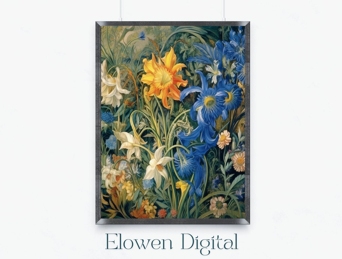 Blue Irises White Lilies Golden Daffodil Botanical Flower Wall Art