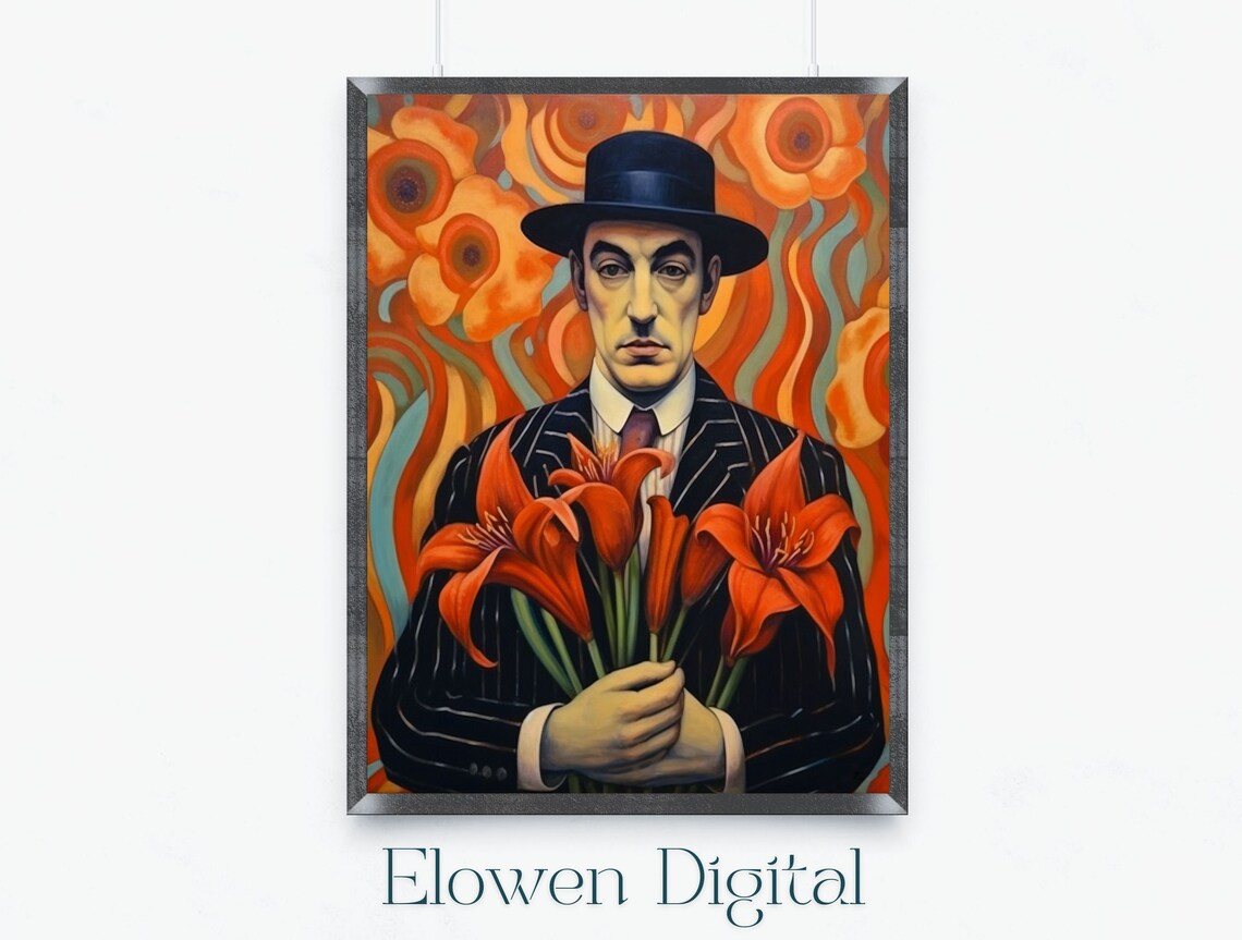 Art Nouveau Man In Pinstripe Suit Holding Red Lilies Portrait Poster