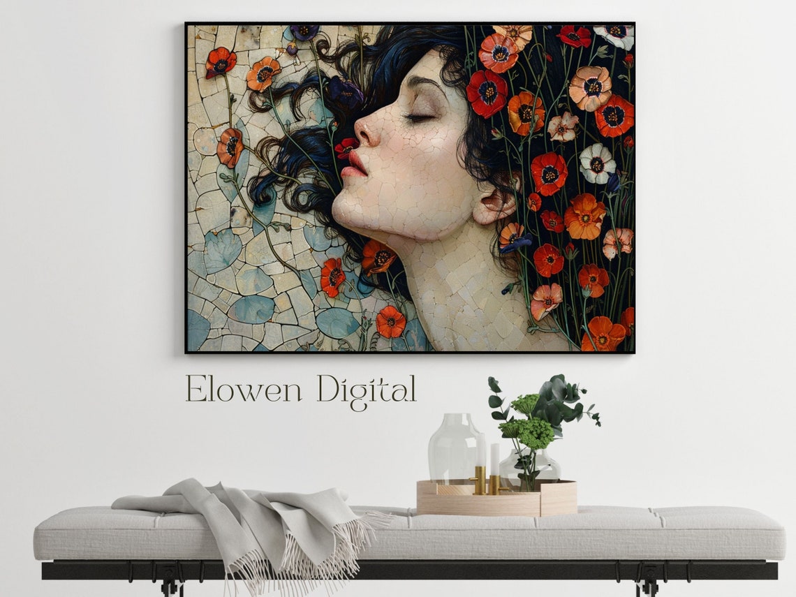 Mosaic Profile Woman Face With Red Poppies Floral Art Wall Art