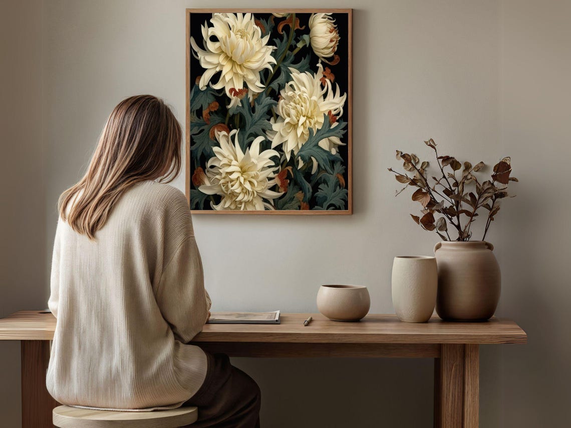 White Chrysanthemums on Dark Botanical Vintage Floral Poster - Image 5