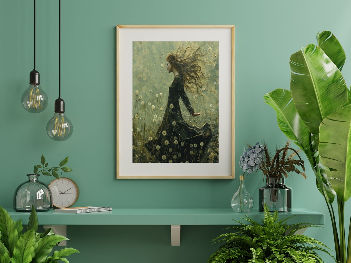 Dandelion Meadow Woman in the Wind Dark Floral Botanical Wall Poster - Image 6