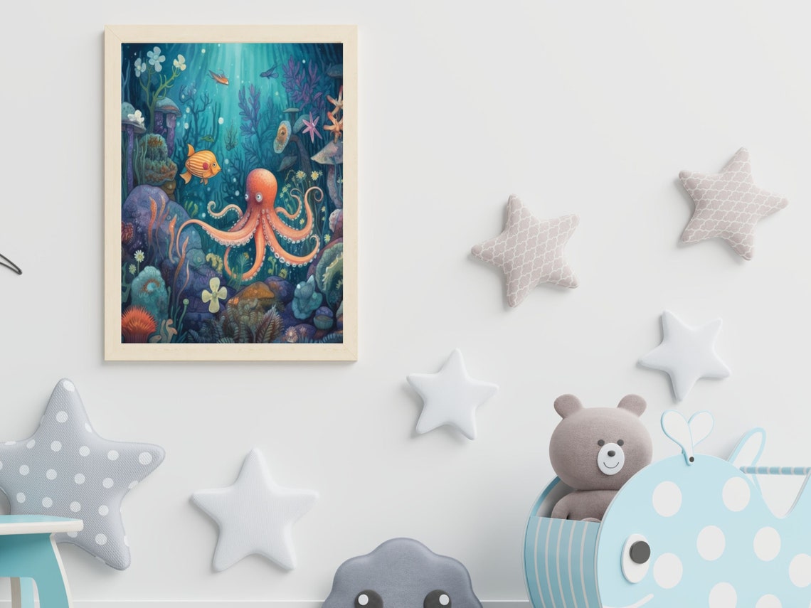 Playful Orange Octopus in a Teal Underwater Wonderland Poster - Image 6