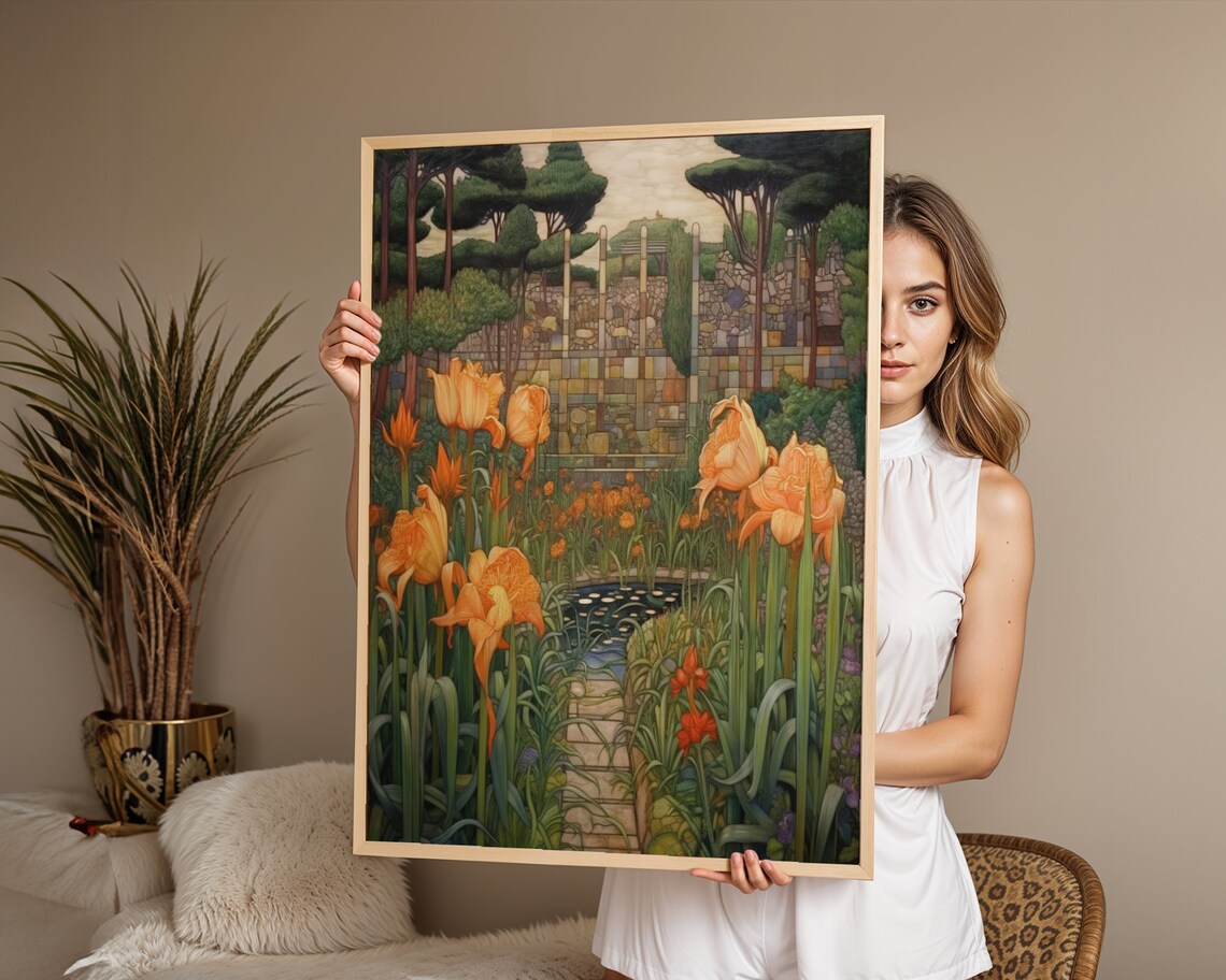 Art Deco Garden Orange Lilies Pond Mosaic Flower Garden Wall Art - Image 3
