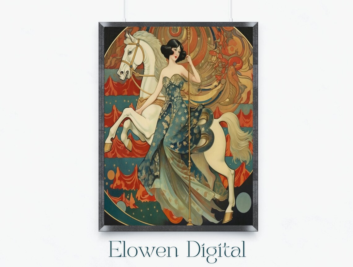 Art Nouveau Woman Riding a White Carousel Horse in Teal Gown Poster