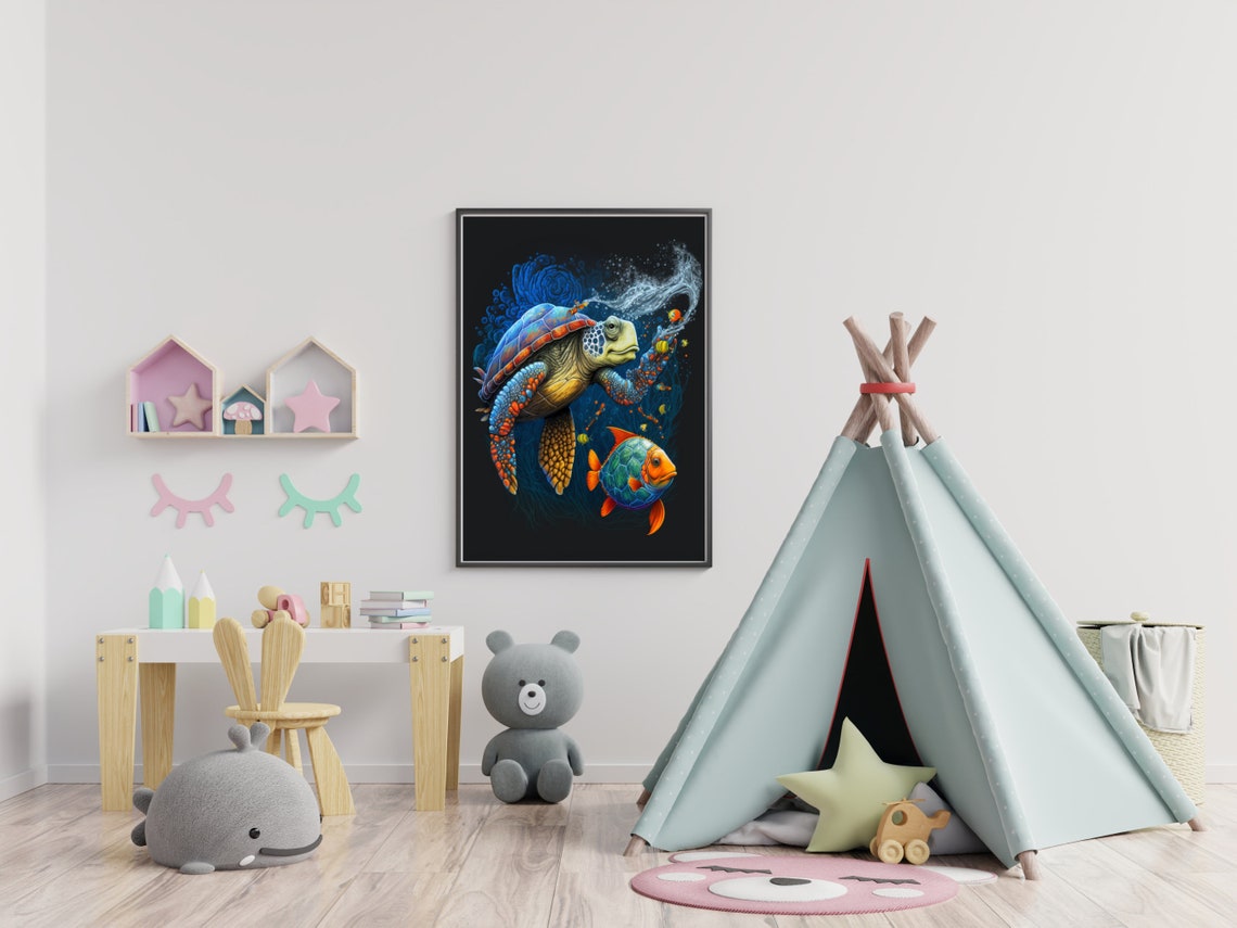 Playful Sea Turtle and Tropical Fish on Black Party Wall Poster - Image 5