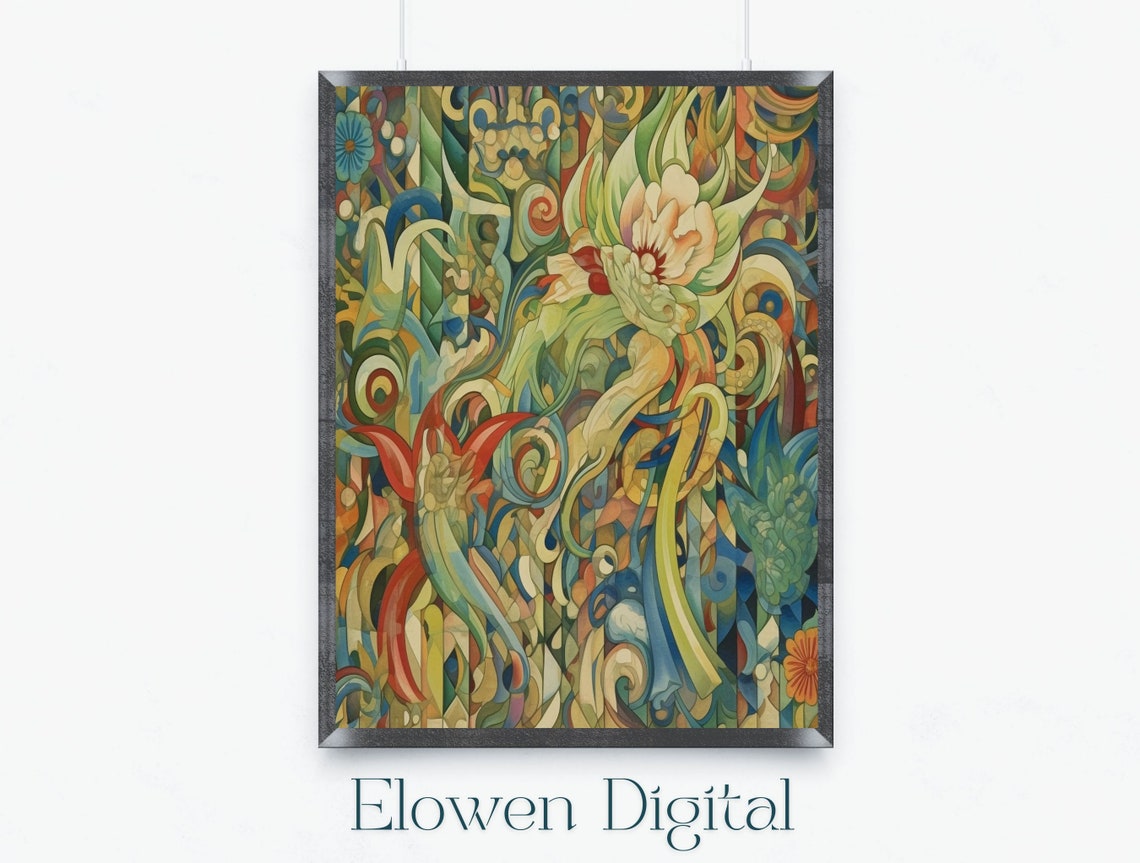 Surreal Abstract Botanical Art With Colorful Tulips In Green Poster
