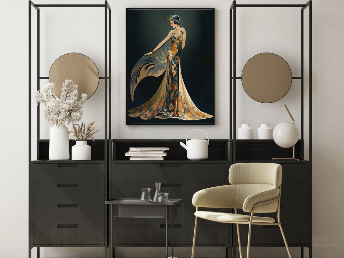 Art Deco Woman in Blue Floral Gown With Feathered Cape Poster - Image 2