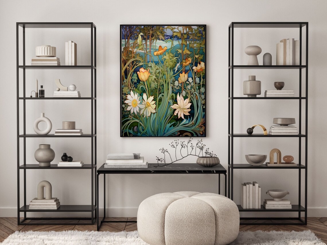 Art Nouveau Daisies And Tulips In Teal Green Floral Scene Poster - Image 5