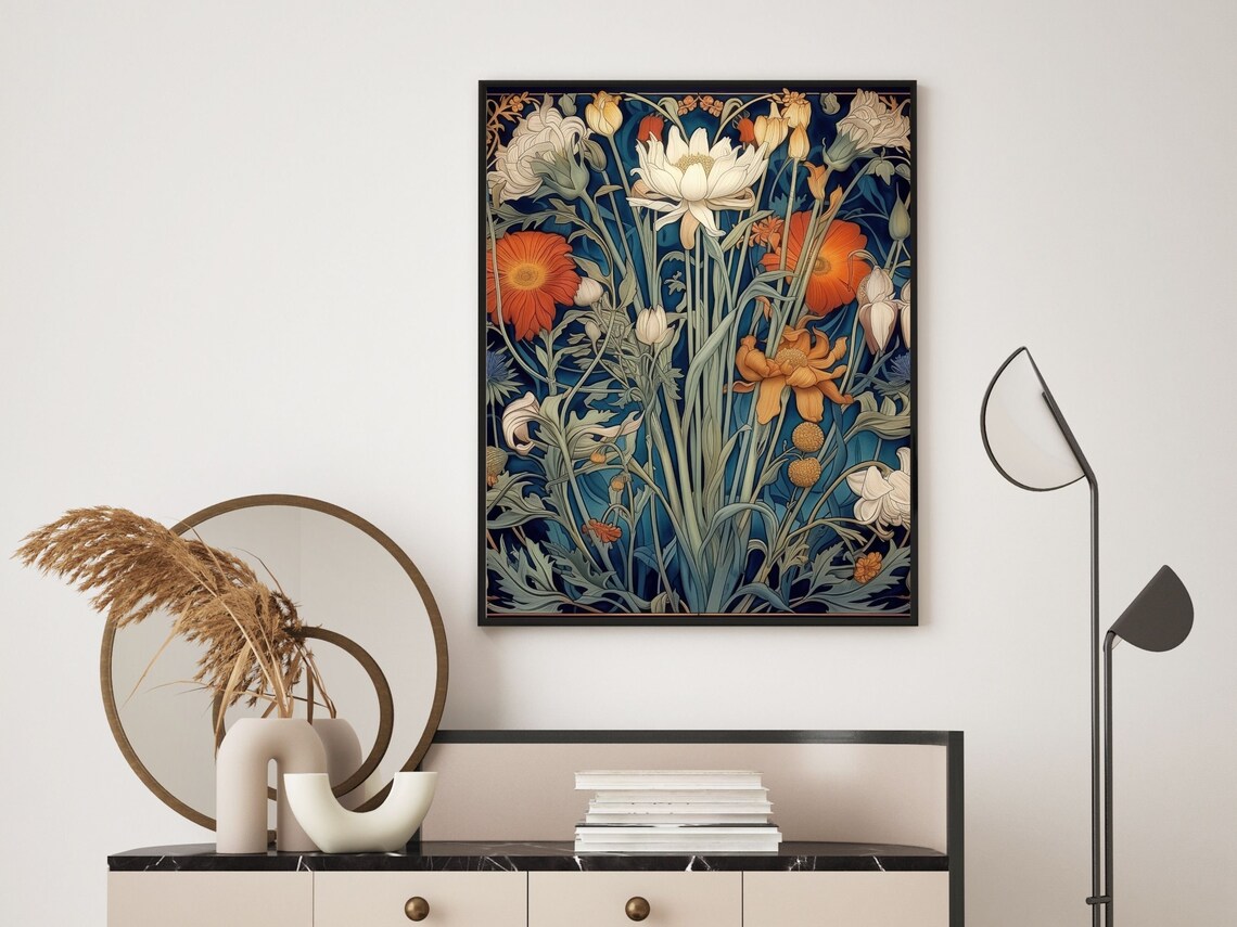 White Lotus and Orange Poppies Botanical Art Nouveau Wall Poster - Image 3