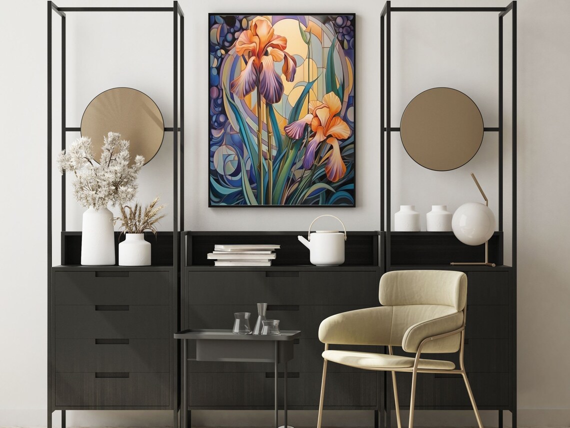 Art Nouveau Orange and Purple Iris Flower Stained Glass Art Poster - Image 4