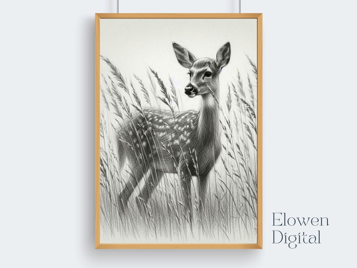 Delicate Pencil Sketch Of A Fawn Standing In Tall Grass Poster