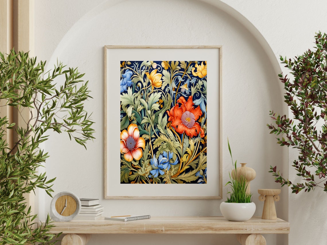 William Morris Style Poppies and Irises Navy Botanical Wall Art - Image 5