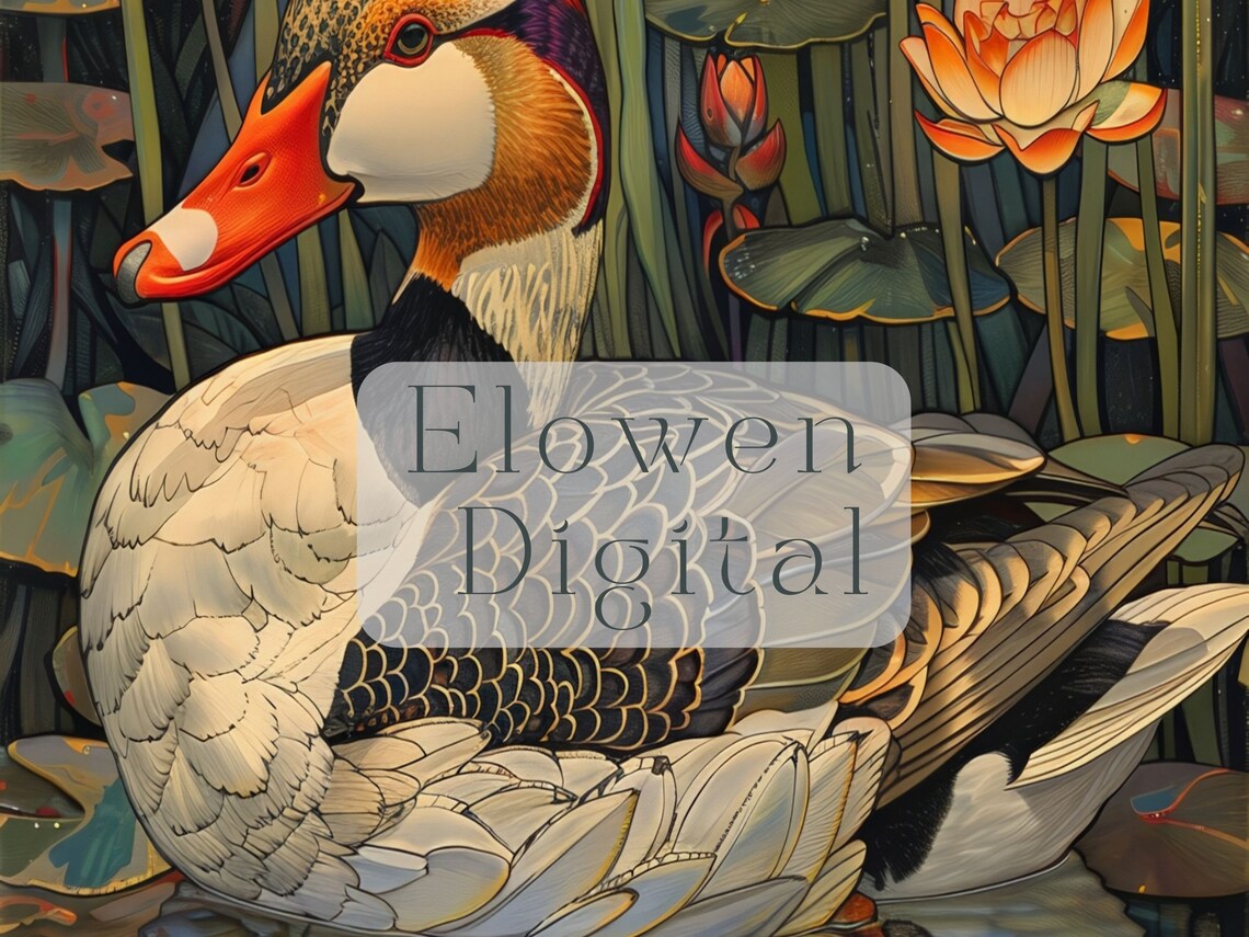 Elegant Art Deco Duck Pond Lotus Flowers Vintage Wildlife Poster - Image 6