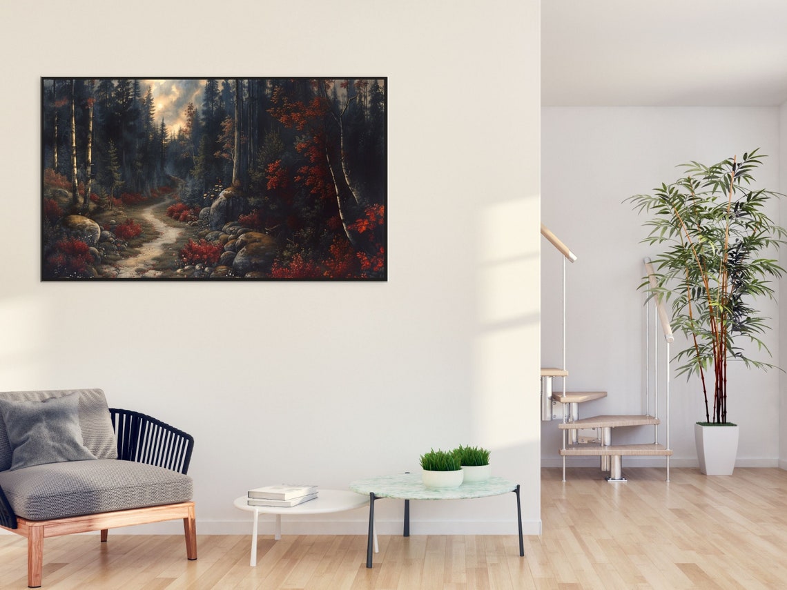 Moody Red Autumn Forest Path Through Dark Birch Woods Poster - Image 5