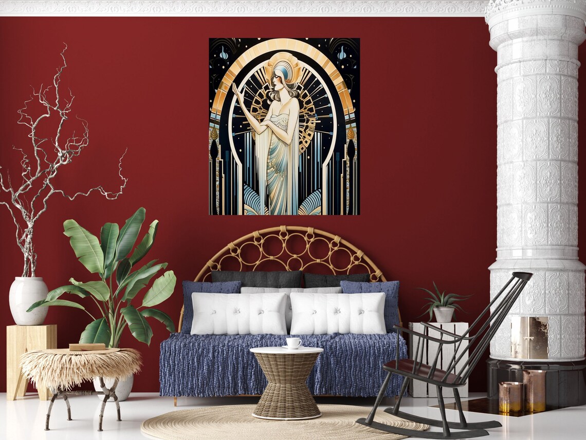 Erté-Inspired Woman in Gold Headdress Before Radiant Halo Poster - Image 3
