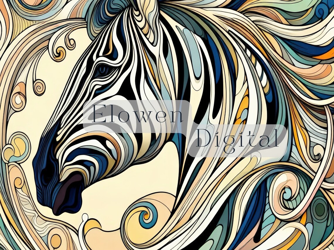 Art Nouveau Colorful Zebra Head Portrait With Swirling Mane Poster - Image 5